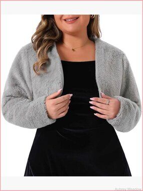 Plus Size Faux Fur Crop Jacket Wedding Open Front Bolero Long Sleeve